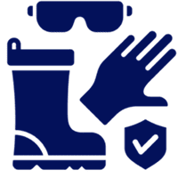 Safety gear icons: boots, gloves, goggles