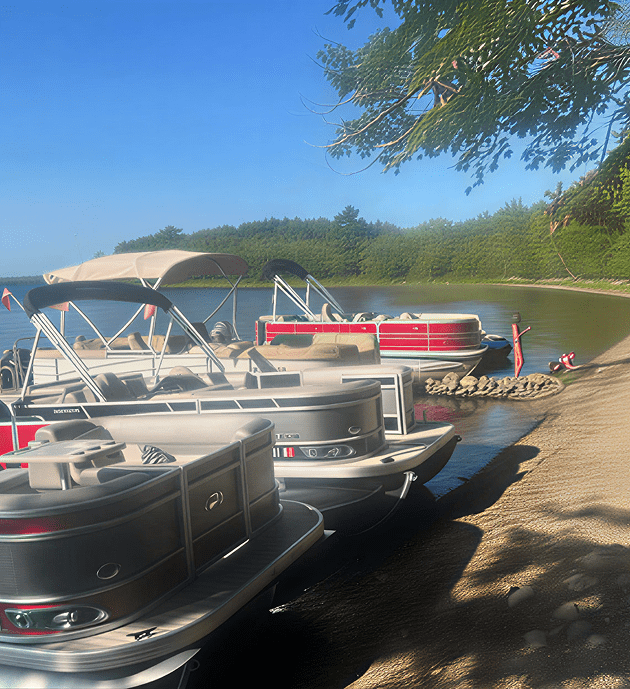 Pontoon boats resting by the water edge